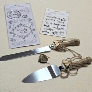 Wedding Cake Knife Server Set Rustic Jute "Ring the Bell & Wish Them Well" Charm